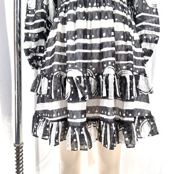Cynthia Rowley Sicily Silk Wrap Dress Black White Smocked Waist Cap Sleeve Size - Picture 5 of 13